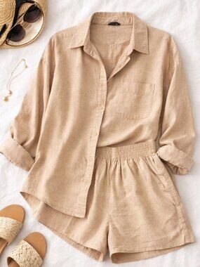 Neutral Linen Blend Set Relaxed Button Up & Shorts Coastal Chic